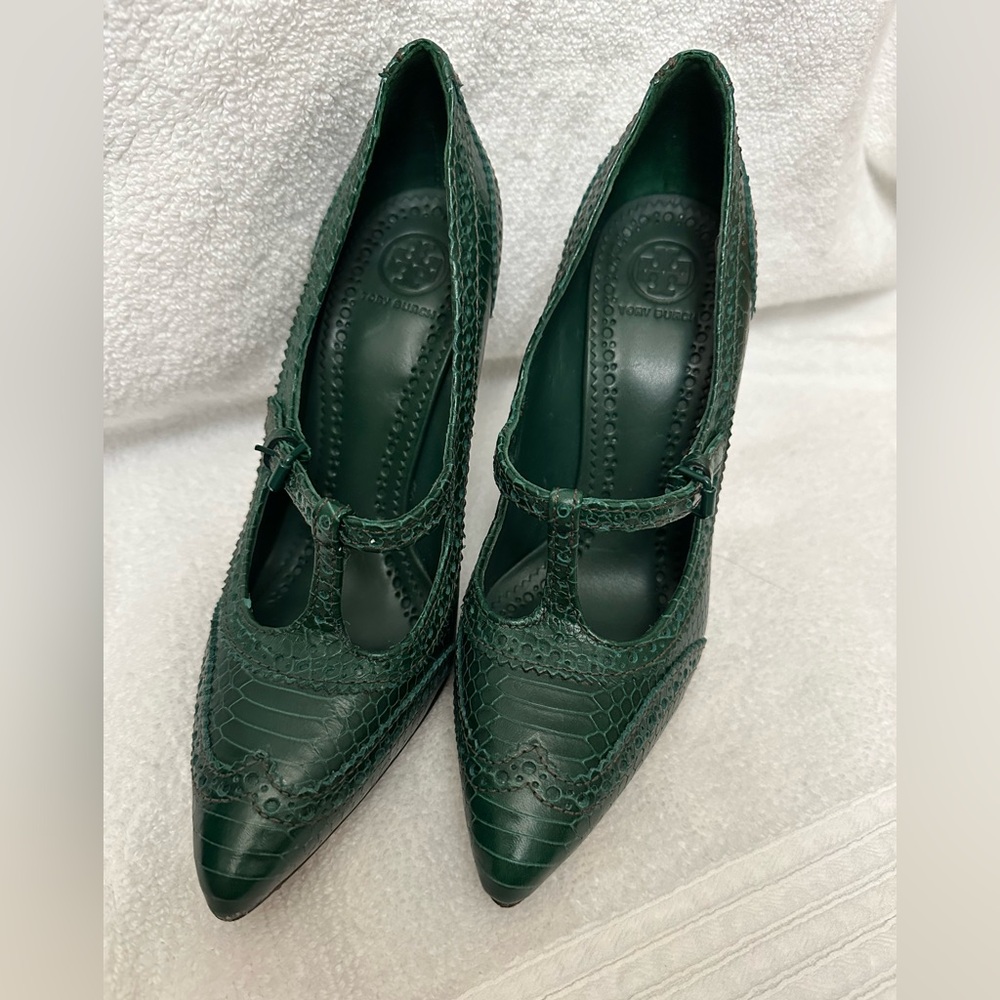 Tory Burch Green Brogue Python Embossed Leather E… - image 3